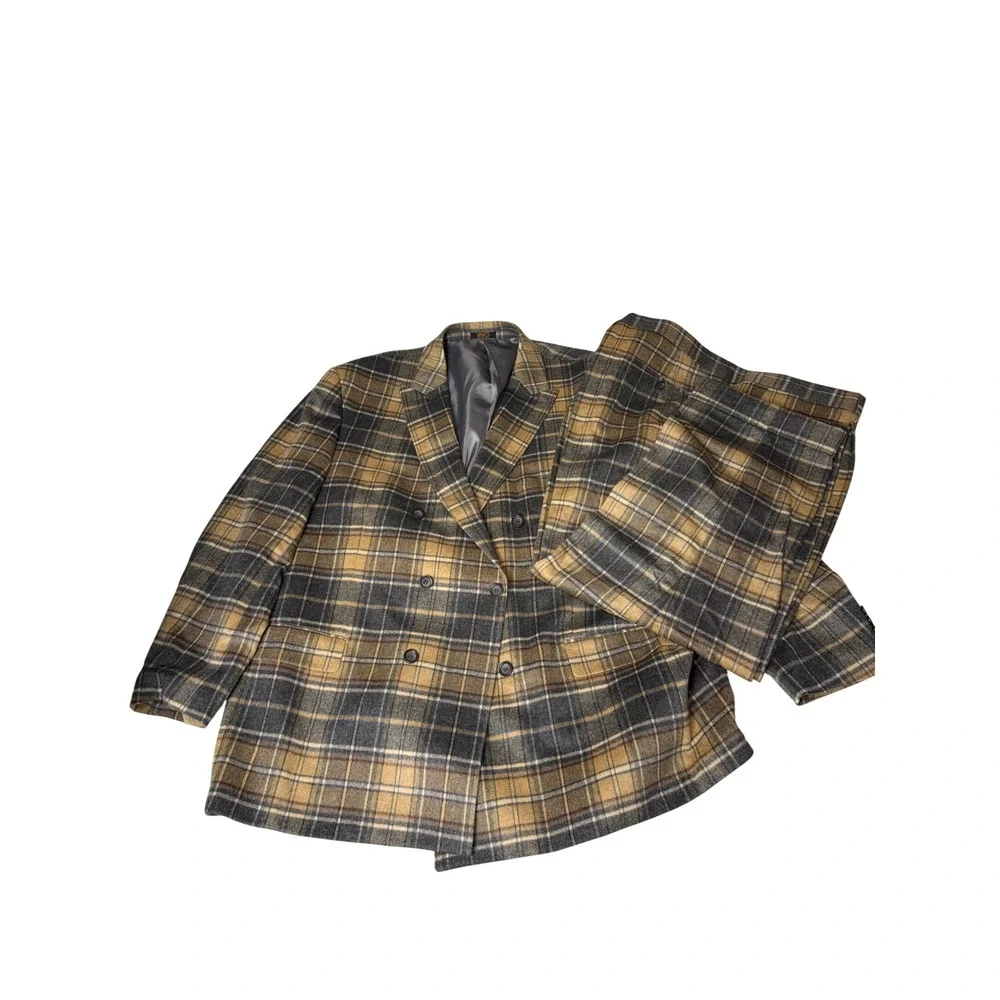 Apollo King  54R 49W Super 150s Wool Plaid Double Breasted Suit Tan Grey 2 Piece